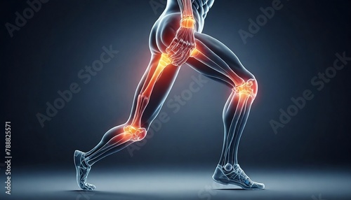 2D Illustration of a running man with painful knee joint highlighted, kneecap, 3D rendering. Problem of joint diseases, medical topics. Painful joints created with generative ai	