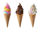 Three different soft serve ice cream waffle cones over isolated transparent background
