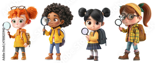 School girls 3D cartoon characters from different ethnicities using magnifying glass. Posing over isolated transparent background