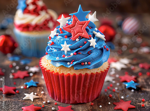 Colorful cupcake decorated with frosting for American Independence Day