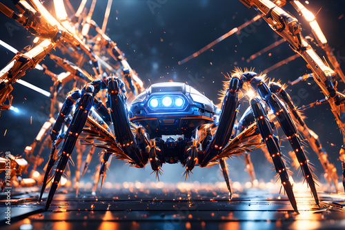 Glowing cyber neon microchip spider networked on a digital data spider web mesh, Cybersecurity protect and hack system concept