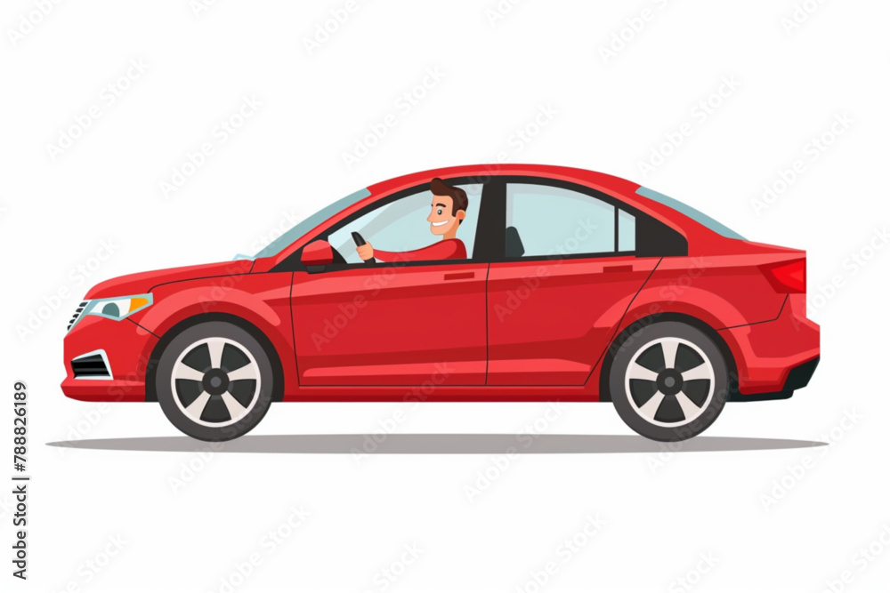 Happy man driving a red car. Sedan driver. Buying a new vehicle or a trip to work in personal transport 3D avatars set vector icon, white background, black colour icon