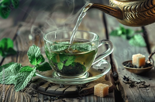 Mint tea pouring into glass cup. Organic and medicinal tea leaves concept. Close up image