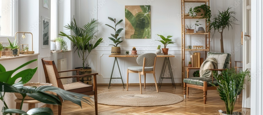 Fototapeta premium Chic Scandinavian living room featuring designer furniture, green plants, a bamboo bookshelf, and a wooden desk. The floor has a brown wooden parquet,