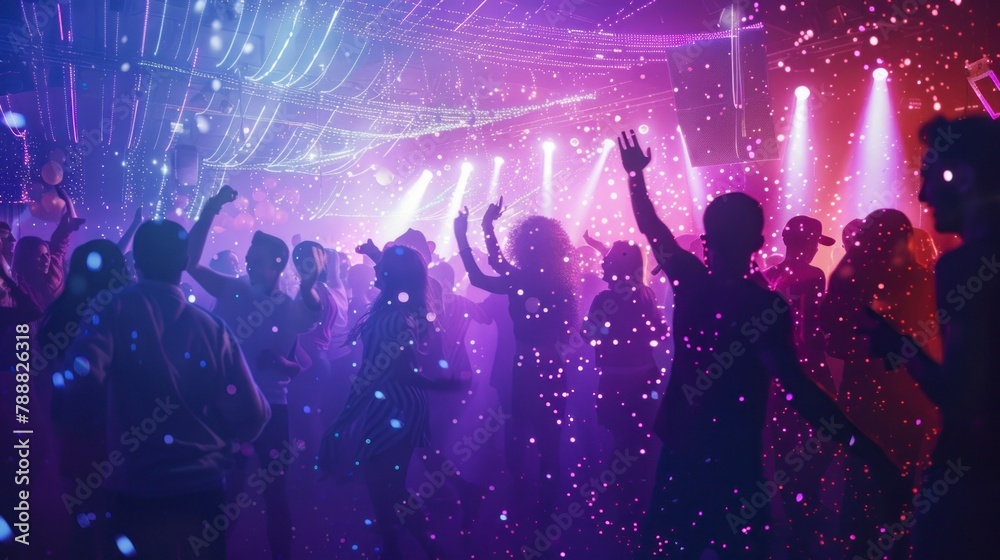 Young people with their backs dancing in a disco with neon lights in high resolution and high quality. dance concept, party, disco, bar, happiness, neon lights, people