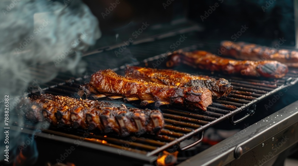 At the park a hefty barbecue smoker grill is fired up to perfection crafting mouthwatering meat delights within its smoky chambers
