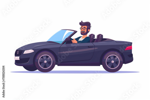 Happy man in the car. Motorist driving a vehicle on an isolated background. Vector illustration 3D avatars set vector icon, white background, black colour icon