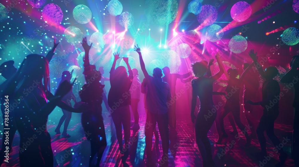Young people with their backs dancing in a disco with neon lights in high resolution and high quality. dance, party, disco, bar concept