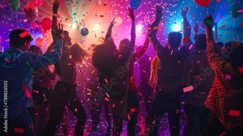 young people with their backs dancing in a disco with neon lights in high resolution and quality