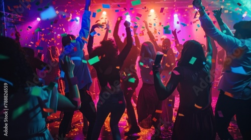 young people with their backs dancing in a disco with neon lights in high resolution