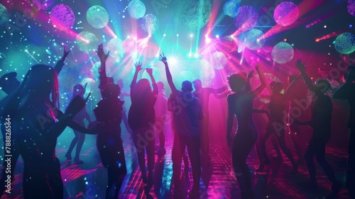 Young people with their backs dancing in a disco with neon lights in high resolution and high quality. dance, party, disco, bar concept