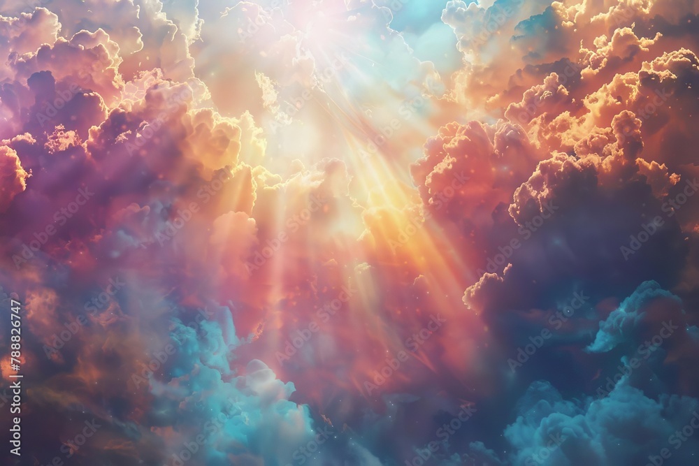 radiant light breaking through clouds in heavenly sky abstract spiritual background