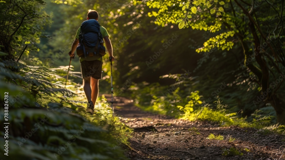 Hiker in the forest, group of hikers walking in the fogy forest.