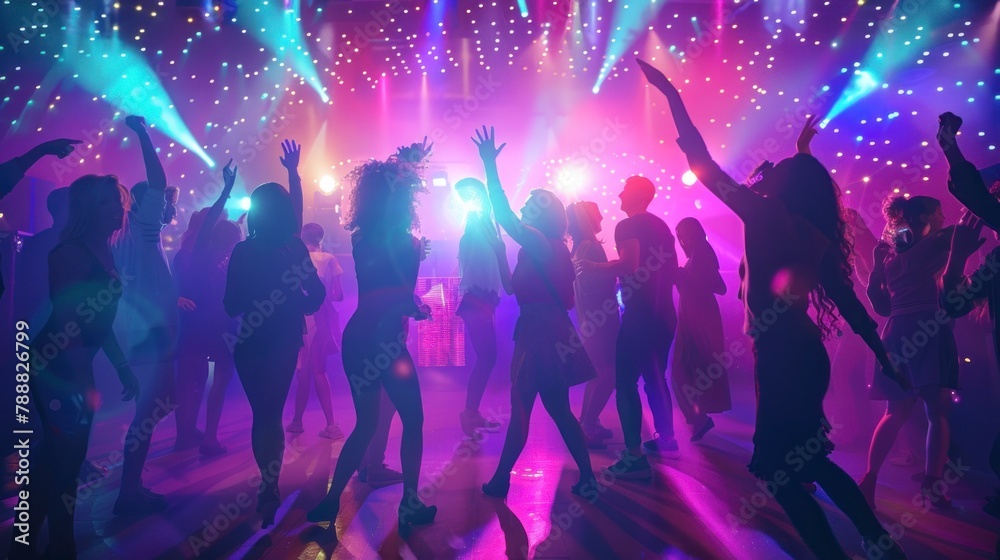 Young people with their backs dancing in a disco with neon lights in high resolution and high quality. dance concept, party, disco, bar, happiness, neon lights, people, coordination, trance