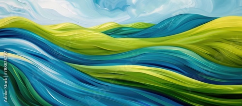 Dynamic abstract scenery featuring flowing green and blue patterns suggestive of the lively abundance found in fields during the spring season. photo