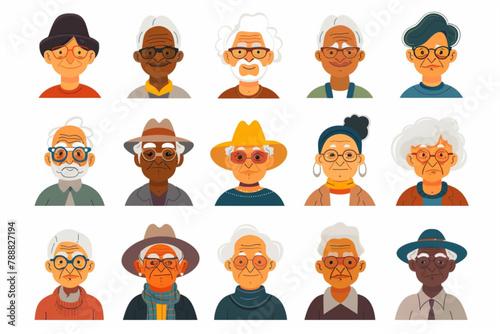 Happy old people avatars set. Portraits of elderly men and women. Senior characters collection on isolated background vector icon, white background, black colour icon