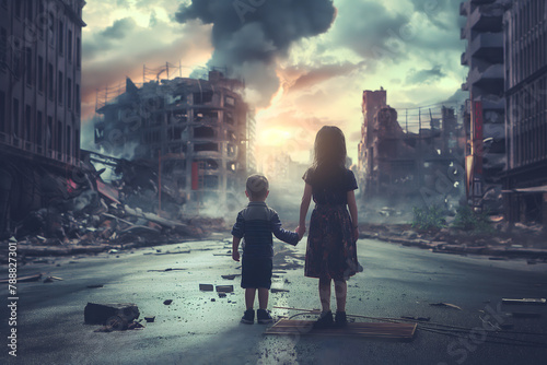 Little boy and girl, sad alone children, ruined house, destroyed city street post apocalyptic scene. photo