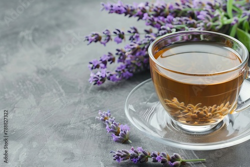 refreshing lavender tea herbal drink dried flowers buds gray stone table background aromatherapy