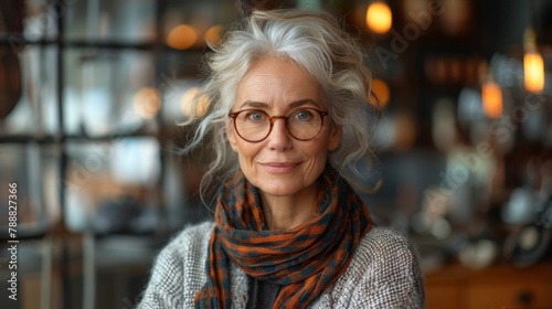 Beautiful elderly woman Teacher in the glasses on classroom background . © Karo