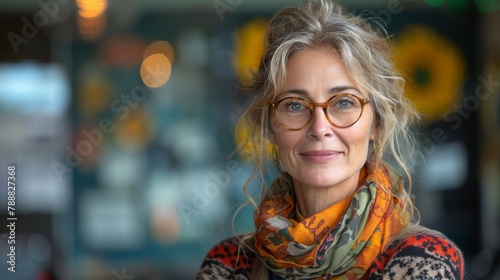 Beautiful elderly woman Teacher in the glasses on classroom background .