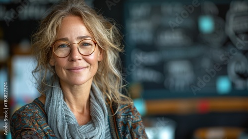 Beautiful elderly woman Teacher in the glasses on classroom background .