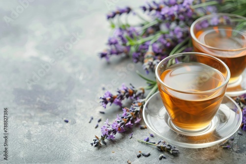 refreshing lavender tea herbal drink dried flowers buds gray stone table background aromatherapy