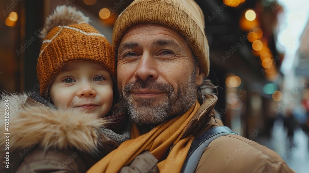 Portrait of the feather with his son on the street.
