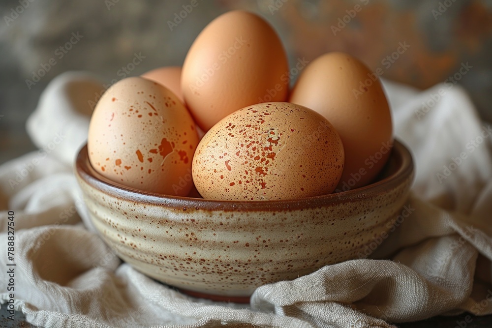 A bowl of brown eggs on a clothed table natural food for any cuisine event