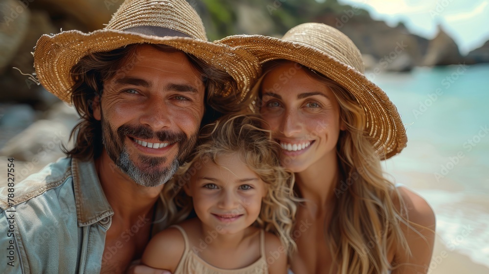 Beautiful happy family  in the straw hats on the beach.