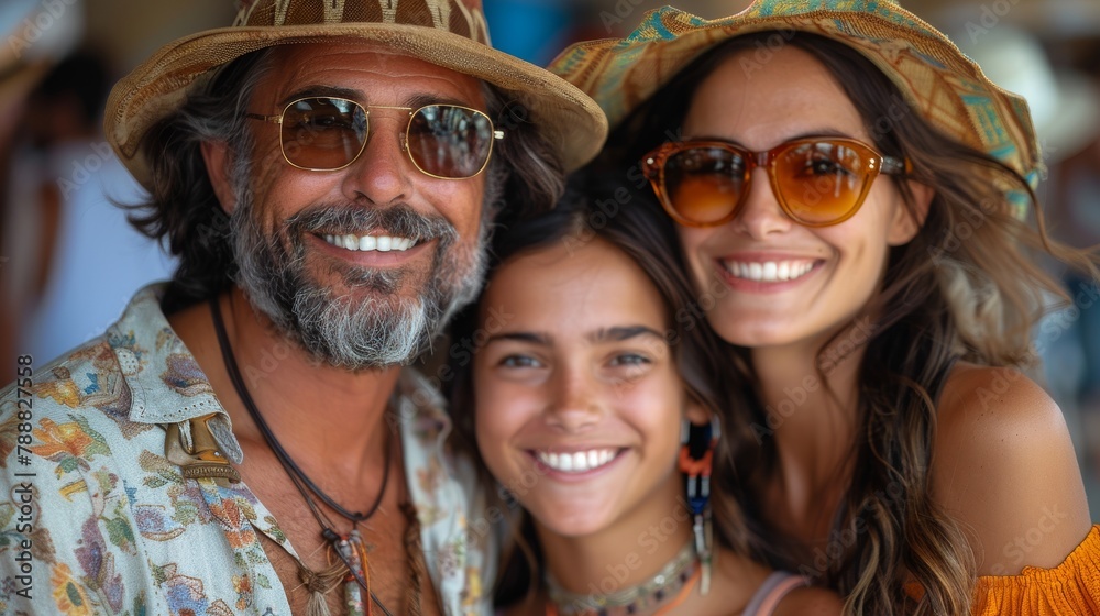 Beautiful happy family in the straw hats on vacation . Beautiful happy family in the straw hats on vacation .