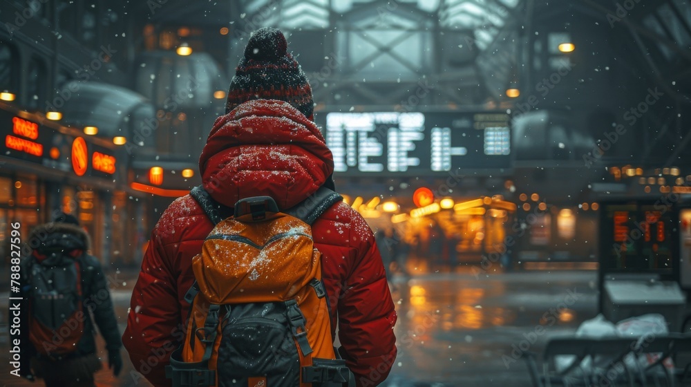 The traveler with yellow backpacks  standing  on the train station.