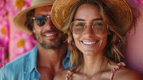 Portrait of a Beautiful couple on vacation in straw hats un sunglasses.