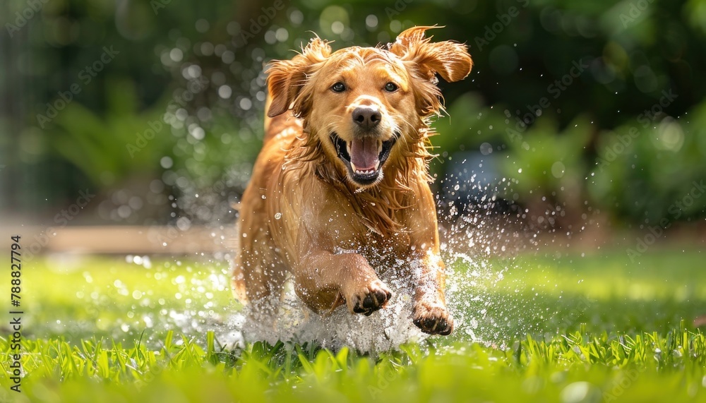 A Carnivore Dog breed running in a grassy natural landscape near a water body A Carnivore Dog breed running in a grassy natural landscape near a water body