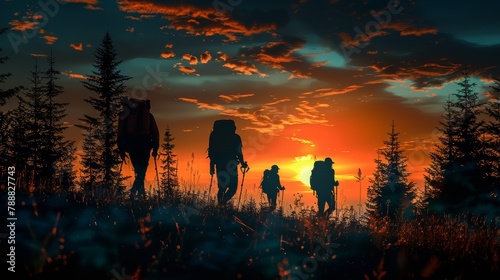 Group of hiker goes hiking against the backdrop of sunset.