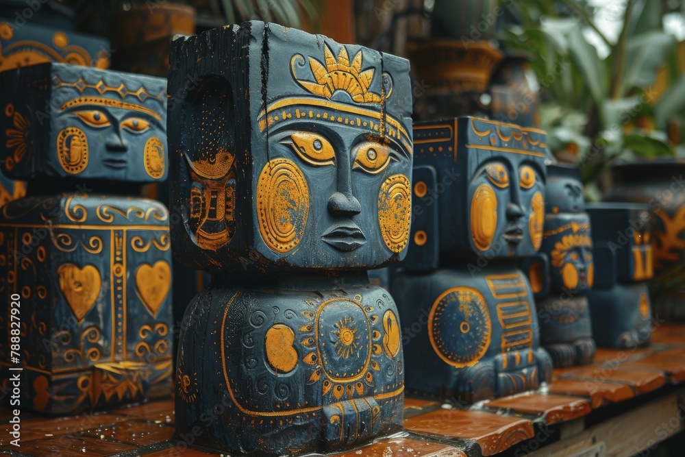 Fototapeta premium Gift boxes as colorful totem figures, tribal patterns against a forest backdrop, mystical pop art, high resolution 8k