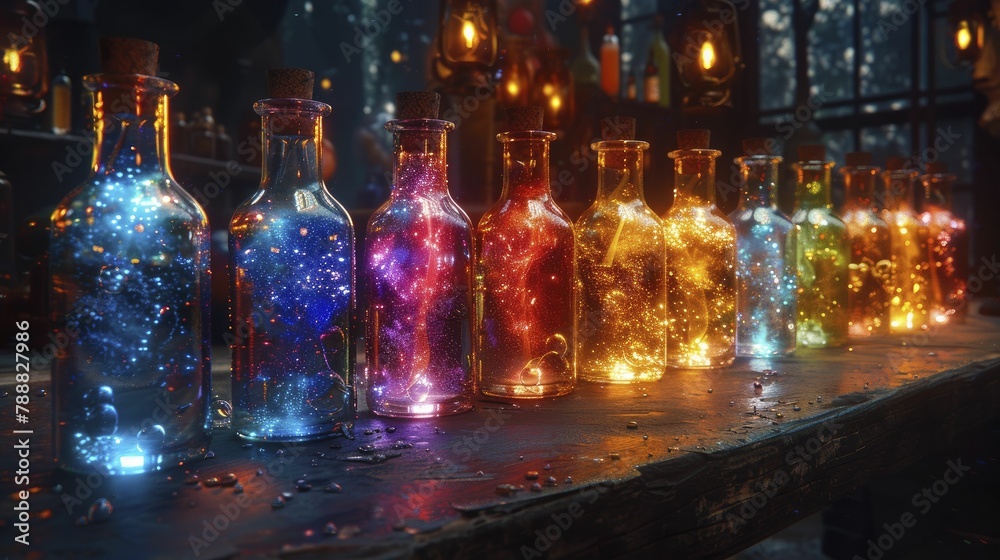 Gift boxes as fantasy potion bottles with glowing contents, mystical colors in a dark setting, enchanting pop art, high resolution 8k. Gift boxes as fantasy potion bottles with glowing contents, mystical colors in a dark setting, enchanting pop art, high resolution 8k.