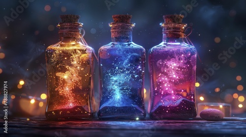 Transform mundane gift boxes into mesmerizing fantasy potion vessels with radiant hues, set in a mysterious ambiance, depicted in captivating 8k resolution artistry.