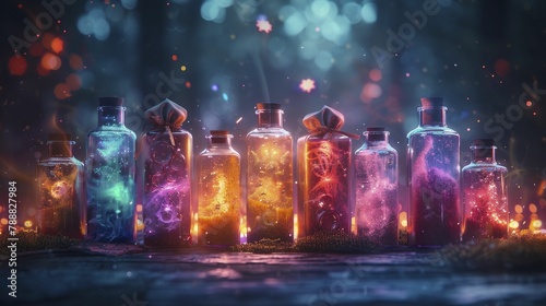 Unveil the captivating allure of enchanting pop art through gift boxes resembling fantasy potion bottles, radiating mystical colors in high-resolution 8K brilliance.