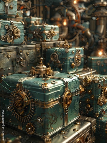 Gift boxes as parts of a massive clockwork mechanism, steampunk gears and metallic tones, inventive pop art, high resolution 8k.
