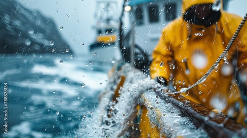 Fishing boat in the ocean during a storm. Danger work background. photo