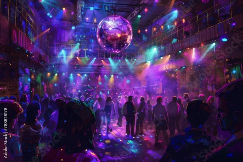 retro disco party with colorful lights mirror ball and crowded dancefloor digital painting