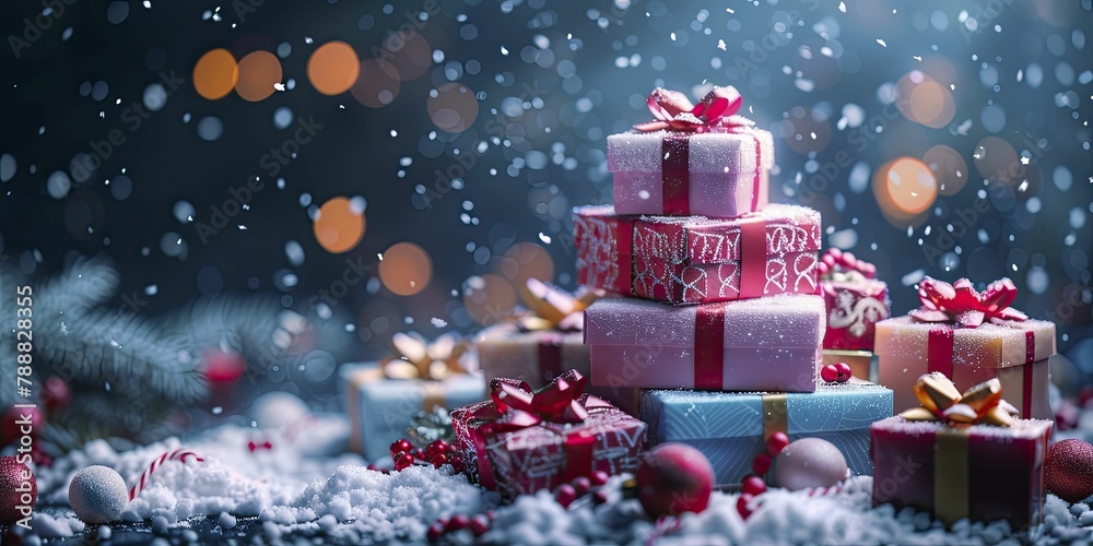 A vibrant display of gift boxes stacked like a cheerful confection, adorned in festive hues, exuding celebratory 8k resolution charm.