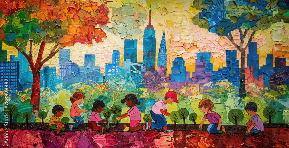 Art painting of kids playing in park with city skyline as background