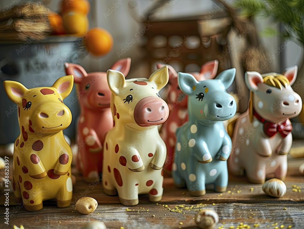 Obraz premium Gift boxes styled as farm animals in a rustic barn setting, playful and colorful against a countryside background, farm themed pop art, high resolution 8k.