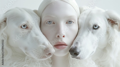Two white dogs with blue eyes and an albino girl. Close-up Animal and human portraits