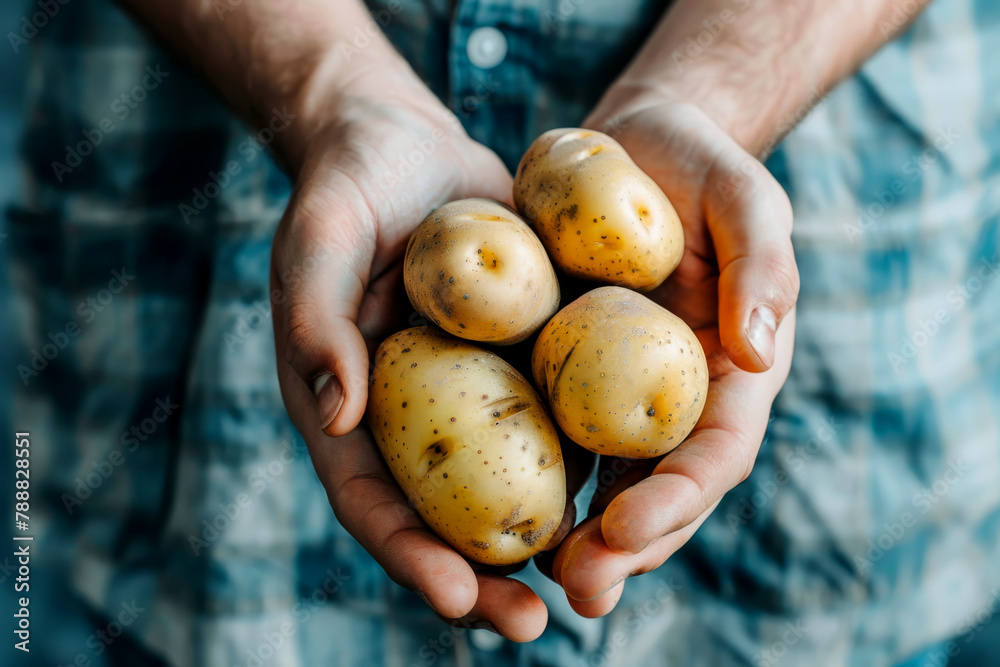 Farmer holds in his hands fresh potatoes. Fresh potato harvest concept. Selective focus. Nature Farmer holds in his hands fresh potatoes. Fresh potato harvest concept. Selective focus. Nature