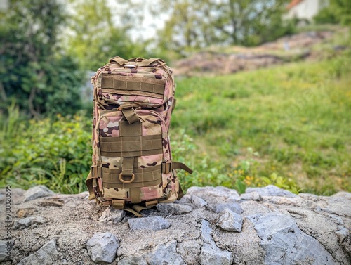 army military backpack, camo bag, hiking gear and accessories, nature background