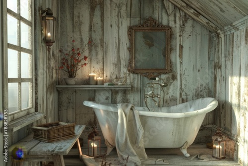 Bathtub in a room with candles and a mirror. Rustic design interior background 