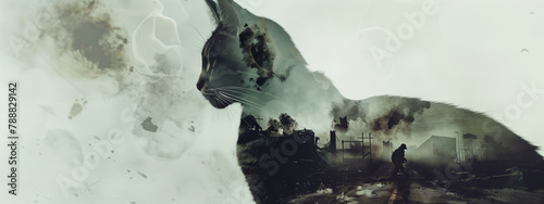 Colliding worlds: double exposure of a cat and a war zone, blending the feline grace with the chaos of conflict. photo