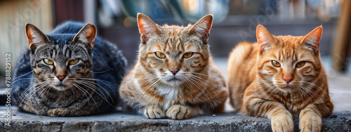 Close-up of three menacing cats lined up, exuding an air of ferocity.